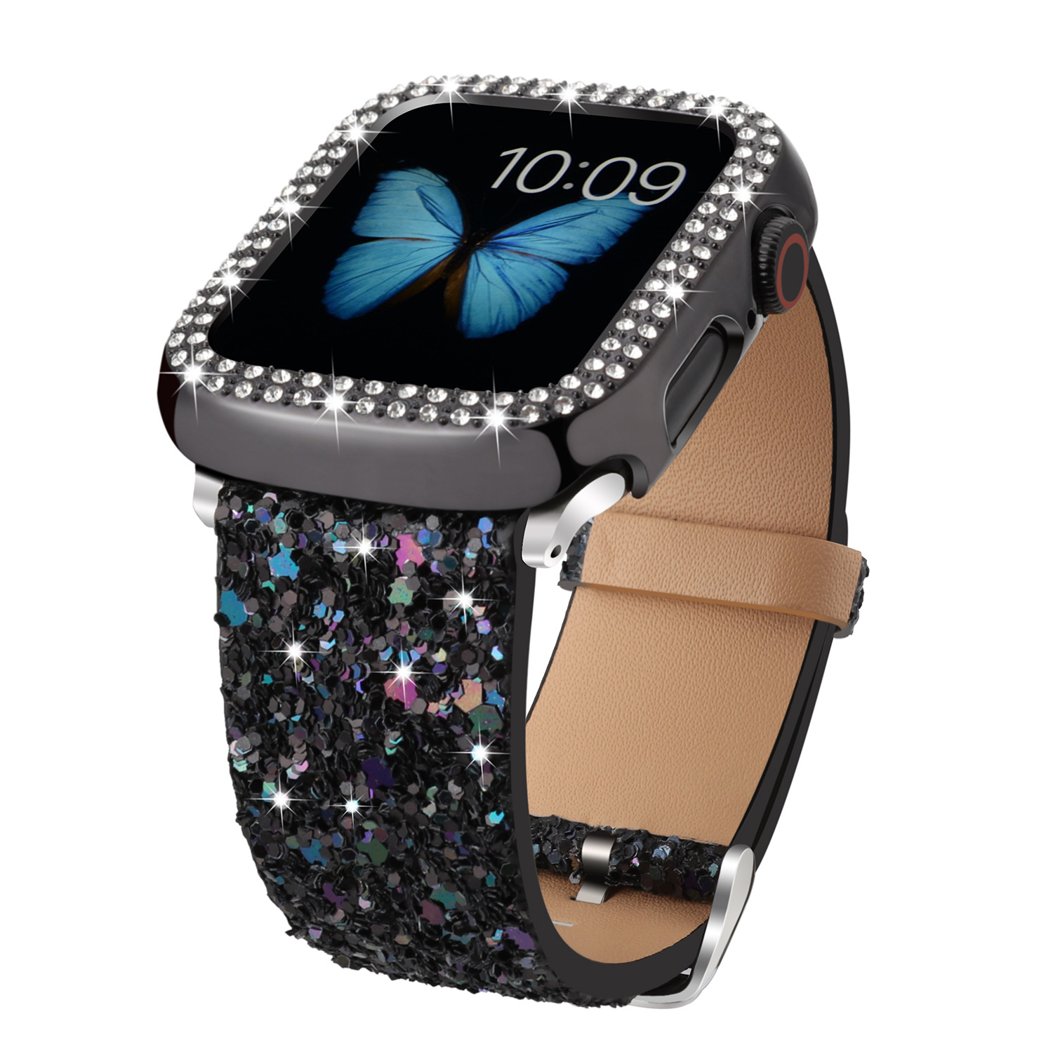 Bracelet paillettes en cuir Apple Watch - or